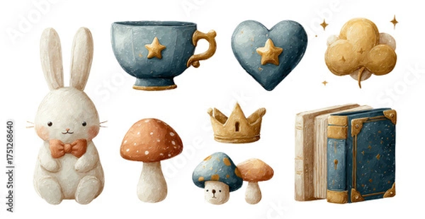 Fototapeta Cute Bunny with Stars and Cozy Objects in Whimsical Art Style