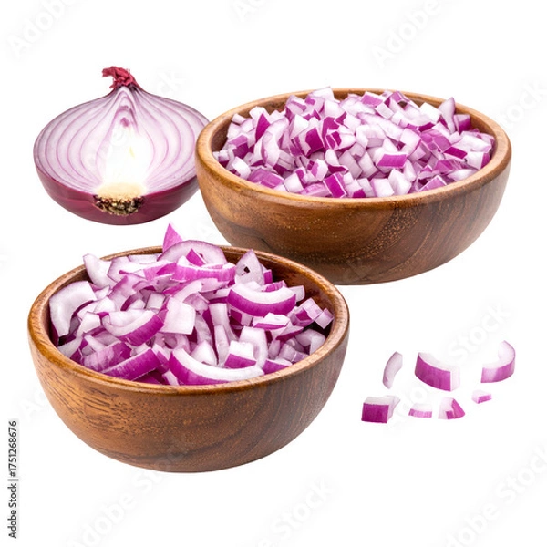 Obraz Overhead shot of a red onion cut and diced in wooden bowls on a white background
