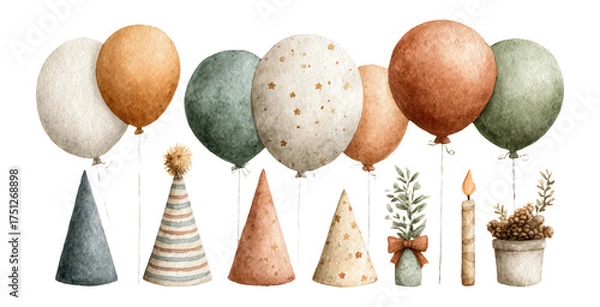 Fototapeta Festive Balloons and Party Hats Collection on Transparent Background