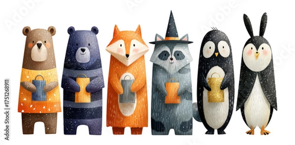 Fototapeta Cute Cartoon Animals with Lanterns in a Whimsical Style on Transparent Background
