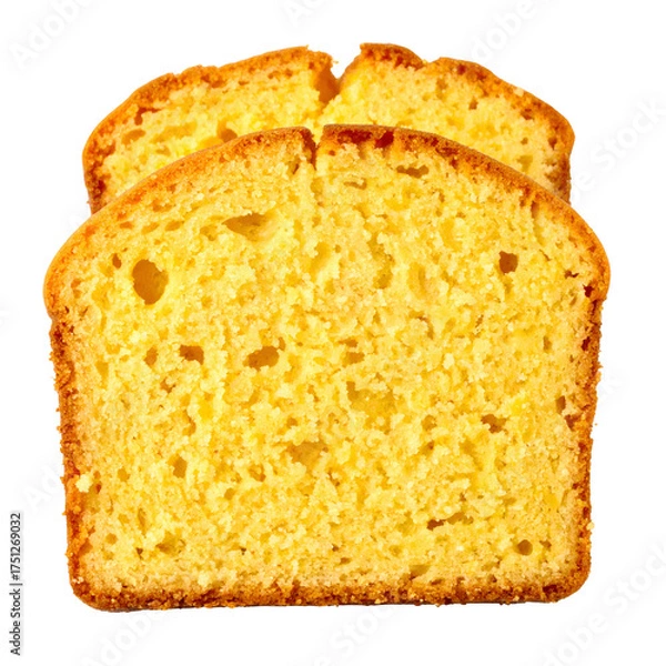 Obraz Two golden slices of cake with a porous interior, cut from a larger loaf