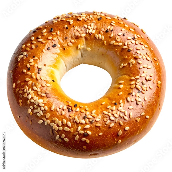 Obraz A golden-brown, sesame-seed-covered bagel, isolated against a black background, ready to eat