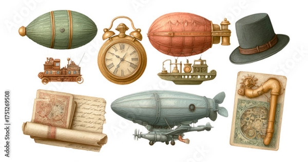 Fototapeta Vintage Steampunk Elements Collection with Clock, Airship, and Hat