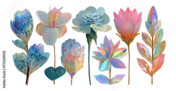 Obraz Colorful and Elegant Floral Elements with Iridescent Finish on Transparent Background