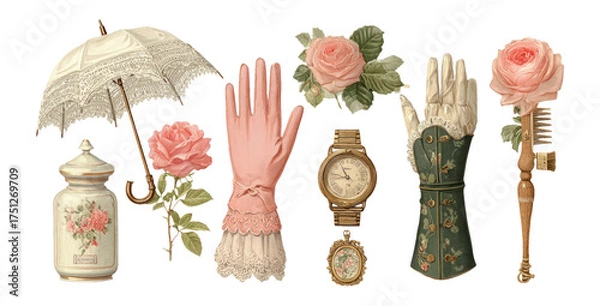 Obraz Elegant Vintage Elements with Roses, Gloves, Umbrella, and Clock Design