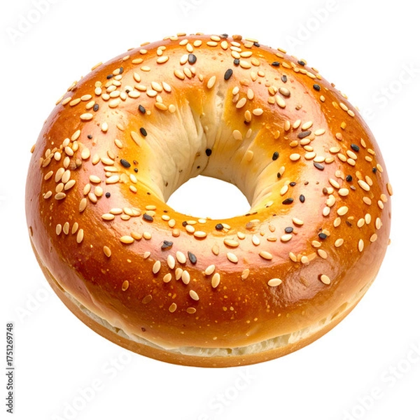Obraz Close-up shot of a golden-brown bagel with sesame seeds, isolated on black