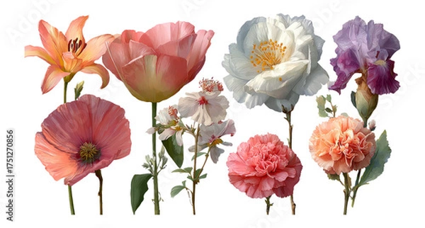 Fototapeta Beautiful Isolated Flowers on Transparent Background in Various Colors and Shapes
