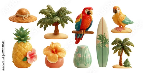 Fototapeta Tropical Decor Collection with Surfer Elements and Colorful Designs