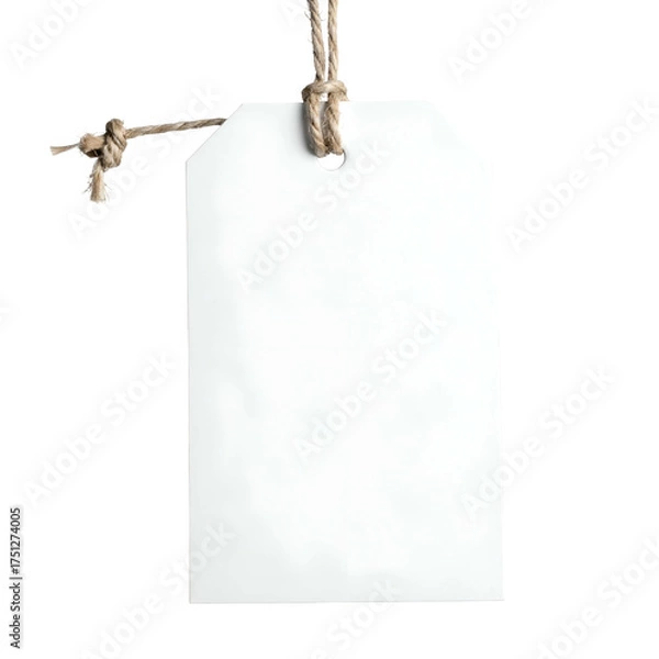 Obraz A plain, blank white tag with a knotted rope, hanging against a black background