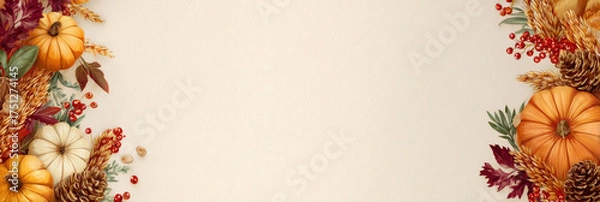 Obraz Festive fall composition with pumpkins, pinecones, berries, dried leaves on both sides of beige textured background. Wide central copy space. Thanksgiving banners, invitations, ads, seasonal designs