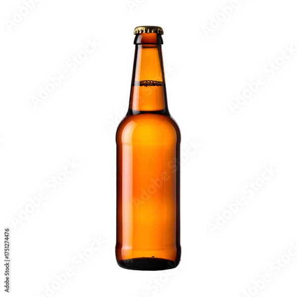 Obraz Amber glass bottle of beer against a black background, top with gold cap, in vertical view