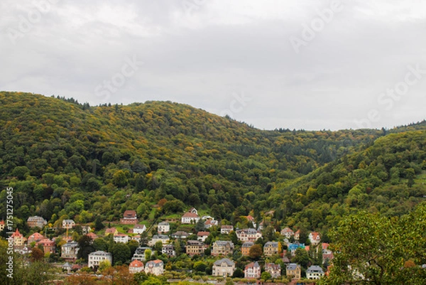 Fototapeta shot from distance from the top of a mountain showing a small german village laying within green mountains on a misty autumn day 