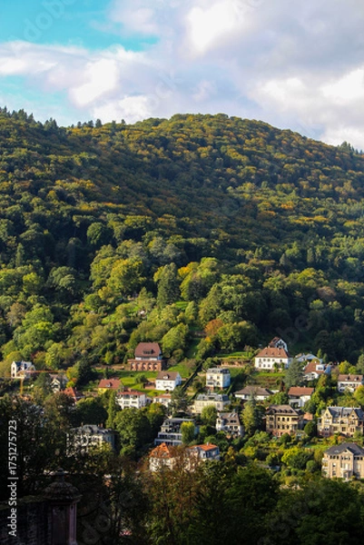 Fototapeta shot from distance showing a small german village laying within green mountains on a misty autumn day 