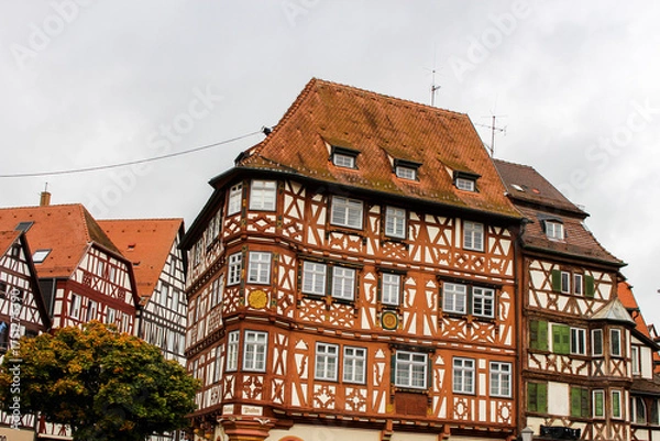Fototapeta view of beautiful old colorful half-timbered houses in Germany, fachwerkhäuser, fachwerkhaus, fachwerk