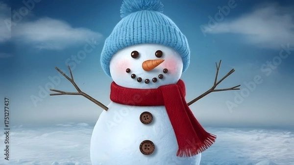 Fototapeta Smiling Snowman Wearing a Blue Hat and Red Scarf in a Winter Wonderland Scene