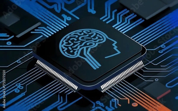 Fototapeta Digital brain on a microchip circuit board, representing artificial intelligence and technological advancement