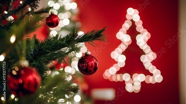 Fototapeta Christmas Tree with Ornaments and Bokeh Lights Against Red Wall Background