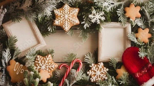 Fototapeta Festive Christmas Frame with Gingerbread Cookies and Holiday Decor