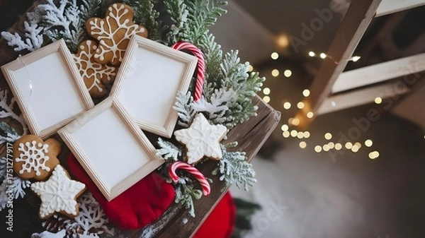 Fototapeta Festive Holiday Display with Gingerbread Cookies, Empty Photo Frames, and Winter Decorations, Perfect for Seasonal Greetings, Craft Projects, and Cozy Ambiance