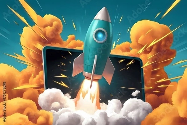 Fototapeta Launch Success Rocket Blasting Off From a Tablet, Symbolizing Startup, Business Growth, and Innovation