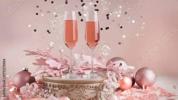 Fototapeta Elegant pink sparkling wine in flutes, surrounded by festive rose gold holiday decorations and shimmering glitter, perfect for sophisticated Christmas and New Year's celebrations