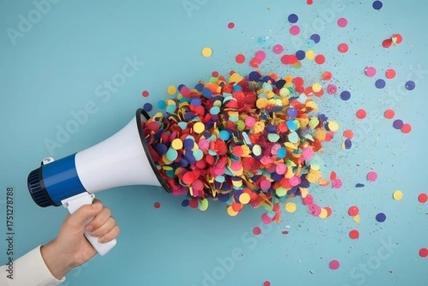 Fototapeta A hand holding a megaphone releasing a colorful explosion of confetti against a bright blue background, celebrating an event or announcement