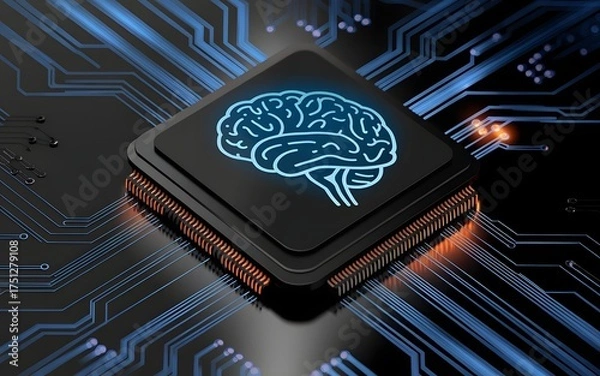 Fototapeta Conceptual illustration of advanced artificial intelligence, featuring a glowing digital brain on a futuristic microprocessor chip