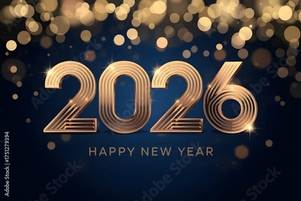 Fototapeta Celebrate the New Year 2026 with Golden Numbers and Bokeh Lights on a Festive Blue Background