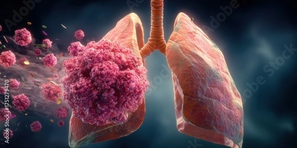Fototapeta Lung infected by virus illustration showing harmful particles and immune response in a scientific style