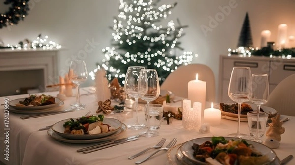 Fototapeta Elegant festive dinner table setting with delicious food, sparkling glasses, and warm candlelight, perfect for a cozy holiday celebration or special occasion