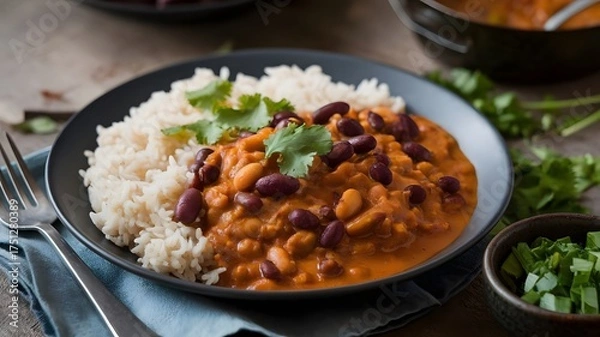 Fototapeta A Hearty Bowl of Kidney Bean Curry Served with Rice and Cilantro
