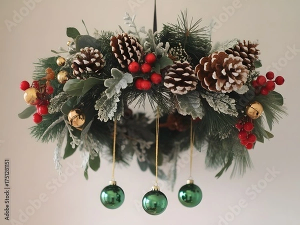 Fototapeta Festive Christmas Swag Decoration with Pinecones, Holly Berries, and Green Baubles