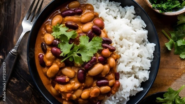 Fototapeta Delicious Bowl of Beans and Rice Garnished with Fresh Cilantro A Savory Meal