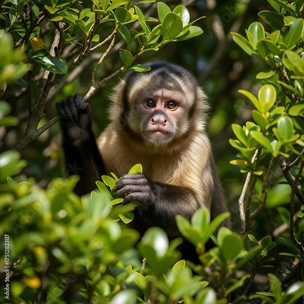 Fototapeta Capuchin Monkey Stares Intently from Lush Green Foliage.