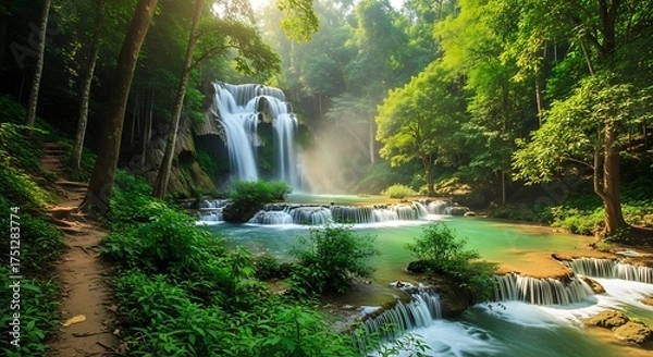 Fototapeta Lush Waterfall Oasis - A Tranquil Escape into Natures Embrace.