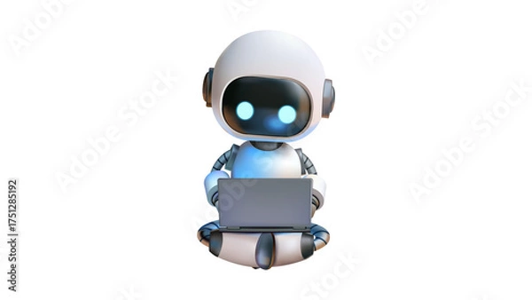 Fototapeta Cute small white robot character sitting and using a laptop.