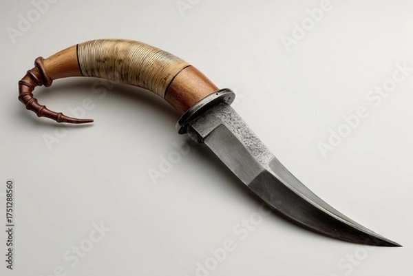 Obraz A close-up view of a meticulously crafted custom knife with a curved blade and a handle made from wood, horn, and ivory.
