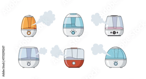 Fototapeta This is a collection of cute and colorful humidifiers emitting steam.