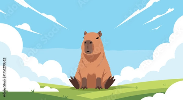 Fototapeta A friendly capybara sits peacefully in a grassy field under a blue sky with fluffy clouds.