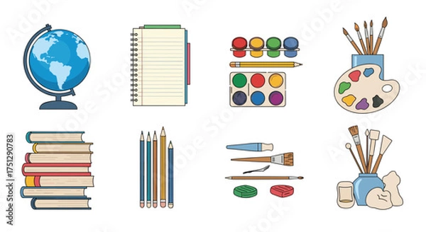 Fototapeta A collection of school supplies including a globe a stack of books and art materials.