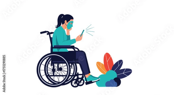 Fototapeta Person in a wheelchair using a smart phone for communication and entertainment.
