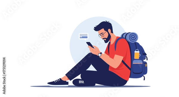 Fototapeta A traveler sitting and using his mobile phone while waiting.