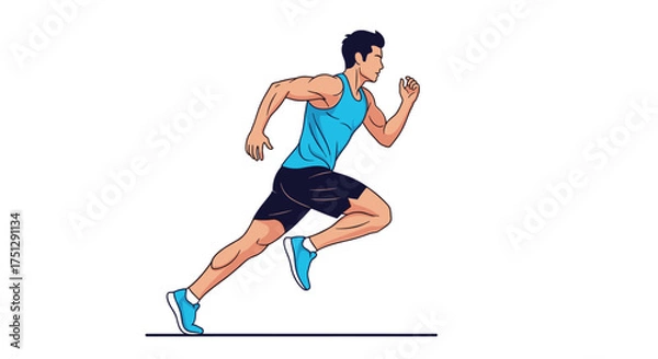 Fototapeta An athletic man is sprinting quickly on a white background.