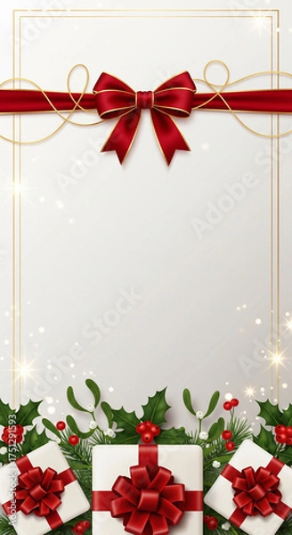 Fototapeta Festive Christmas holiday background with red ribbon bows, gift boxes, and holly. Elegant vertical frame with sparkling lights and copy space for greetings