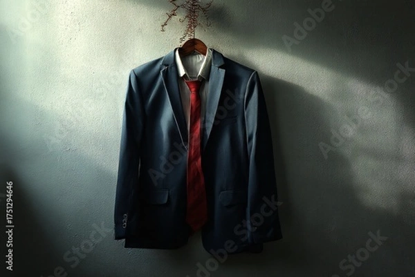 Fototapeta A dark blue suit with a red tie hangs on a wall, bathed in dramatic light and shadow.