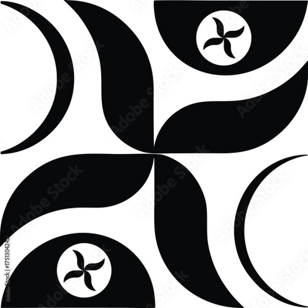 Fototapeta Black and white cat Halloween vector illustration with silhouette and decorative elements