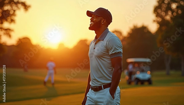 Fototapeta Smiling African American man enjoys golf game at sunset on rich green course. Wealthy golfer poses near cart with blurred players. Confident man in stylish gear celebrates leisure activity.