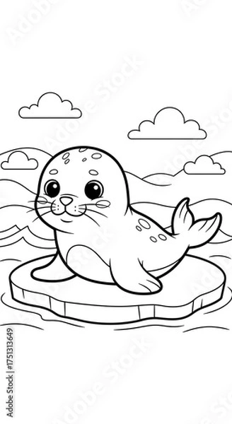 Fototapeta Adorable Seal Pup on Ice Floe Coloring Page for Kids.