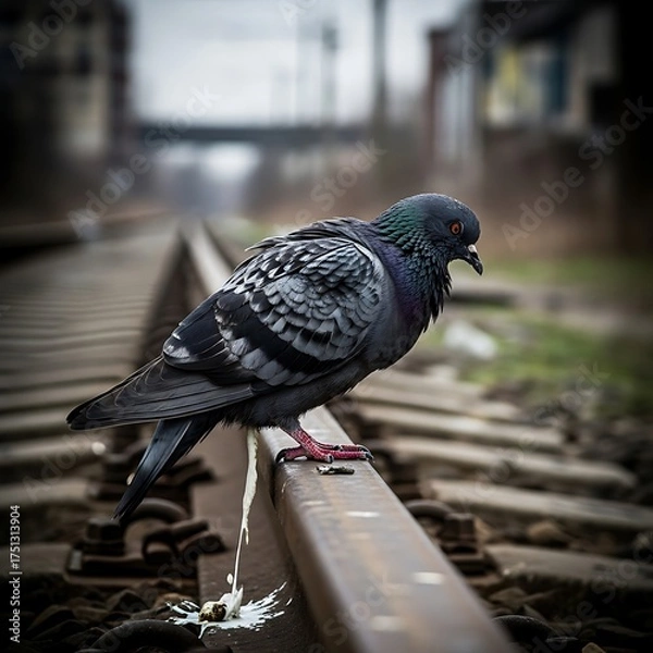 Obraz Pigeon Perched on Railroad Track with Droppings.