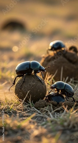Obraz Dung Beetles Rolling a Dung Ball in the African Savannah.